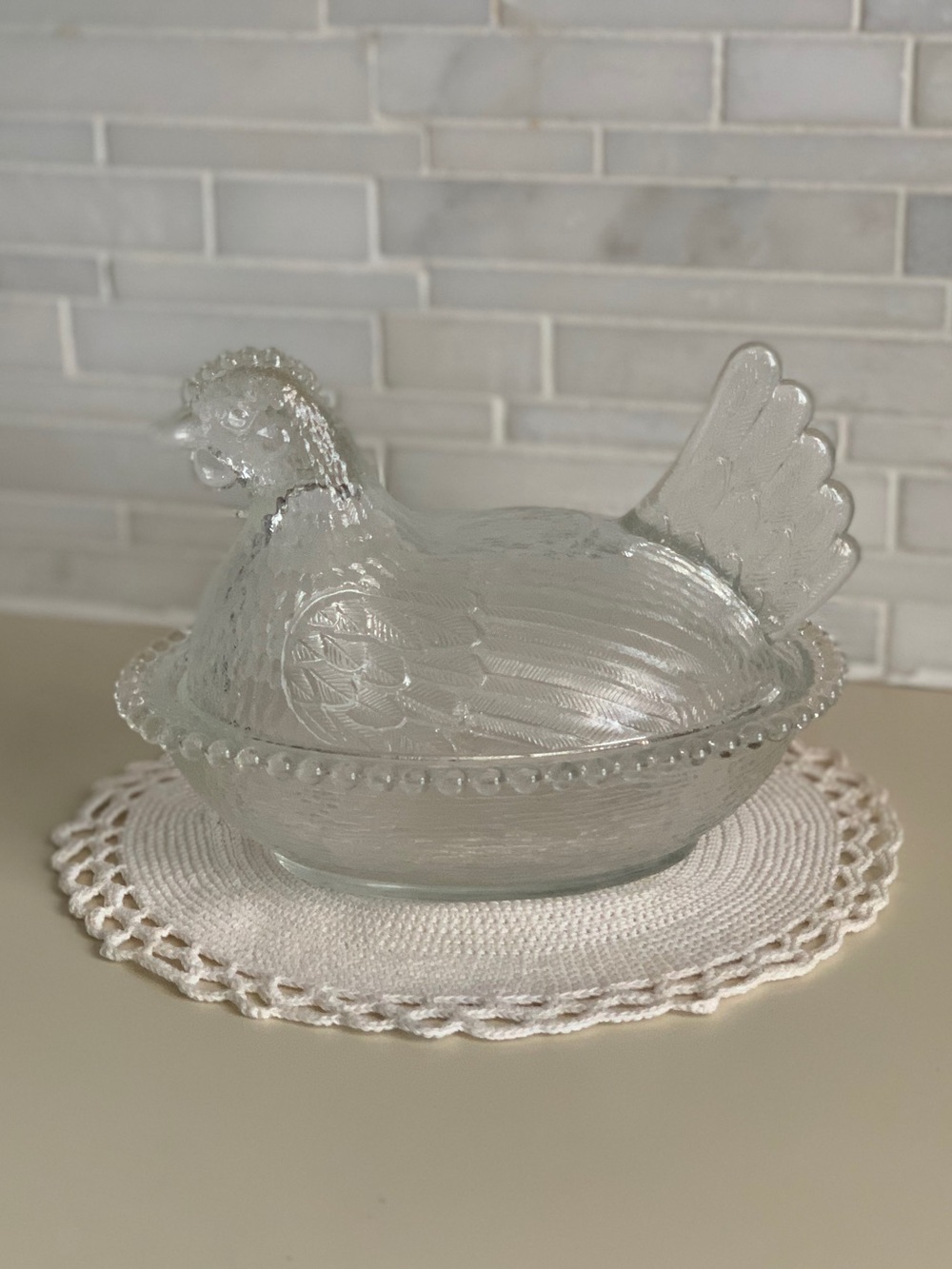Vintage Indiana Glass Hen on Nest Clear Crystal Beaded Covered Dish - Picture 3 of 15